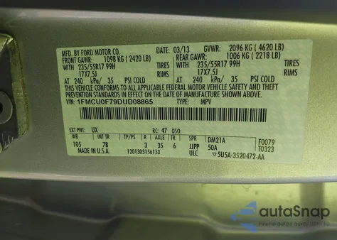 2013 Ford Escape S из США, поврежденный, VIN 1FMCU0F79DUD08865